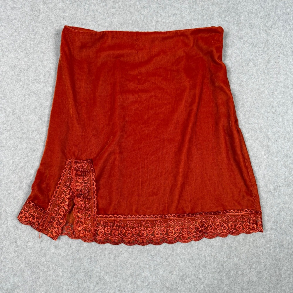 Urban Outfitters Burnt Orange Velvet Lace Trim Mini Skirt XS Slit Indie Sleeze